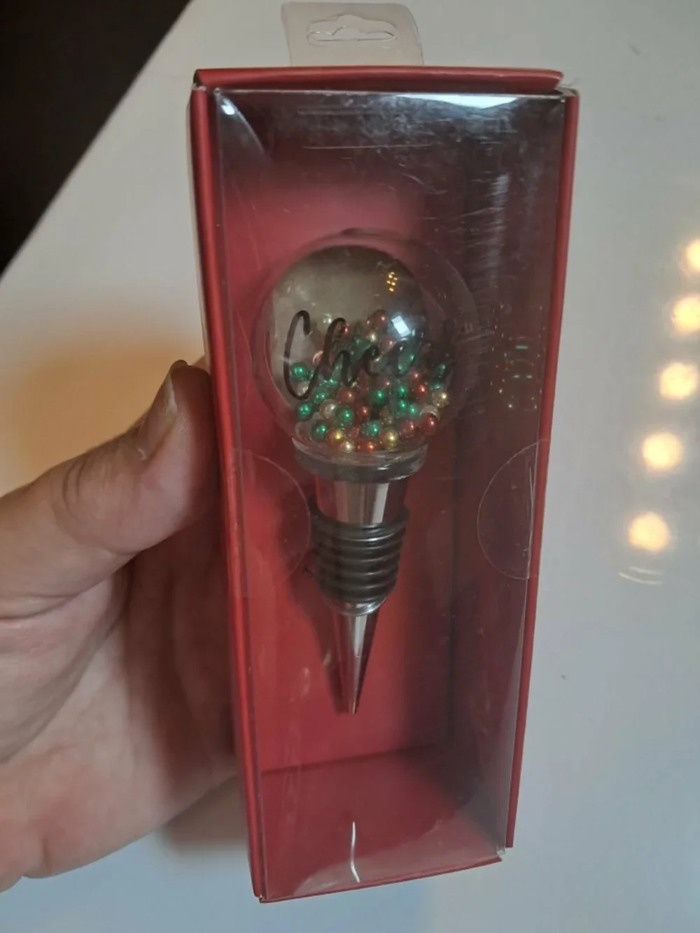 Holiday Cheers Bottle Stopper Red Green Gold Beaded Glass